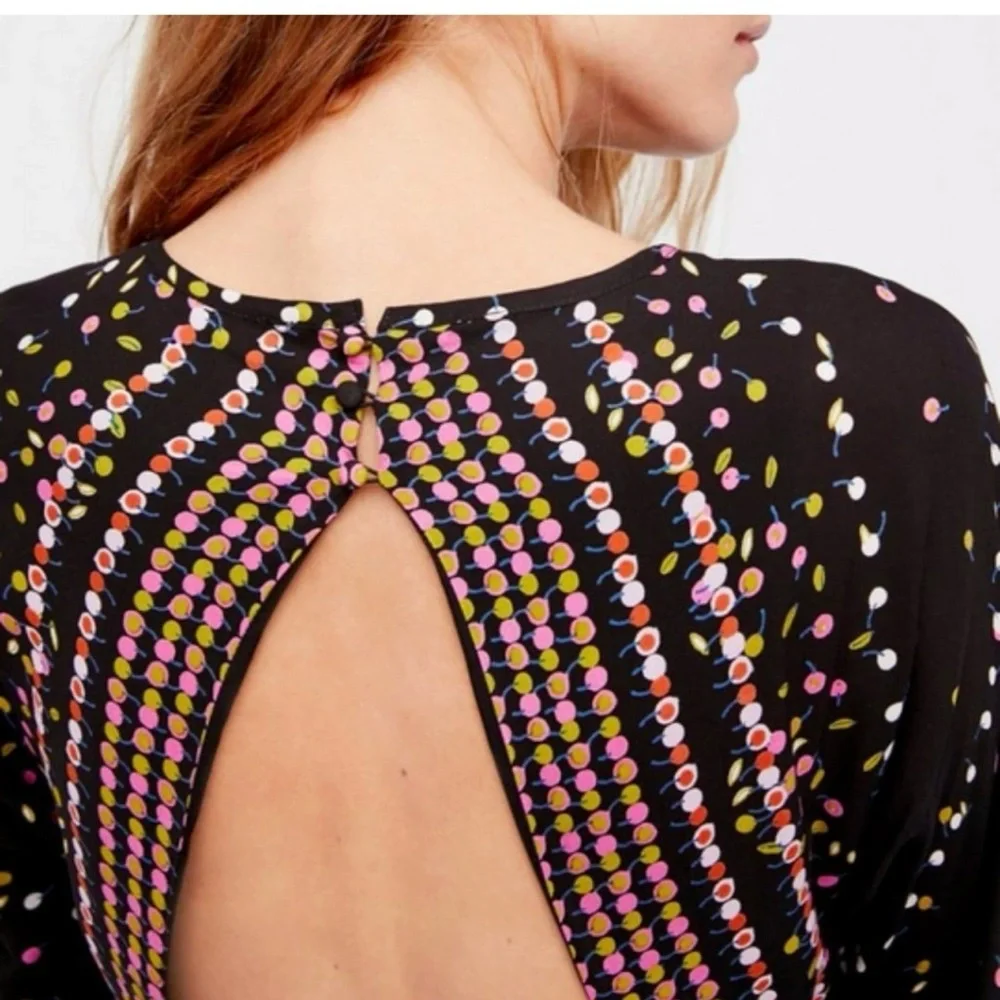 Free People Coryn Mini Dress Black Printed Open Back Long Sleeve Size 2